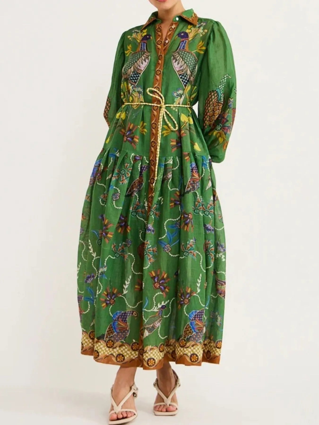 Printed Lantern Sleeve Maxi Shirt Dress.