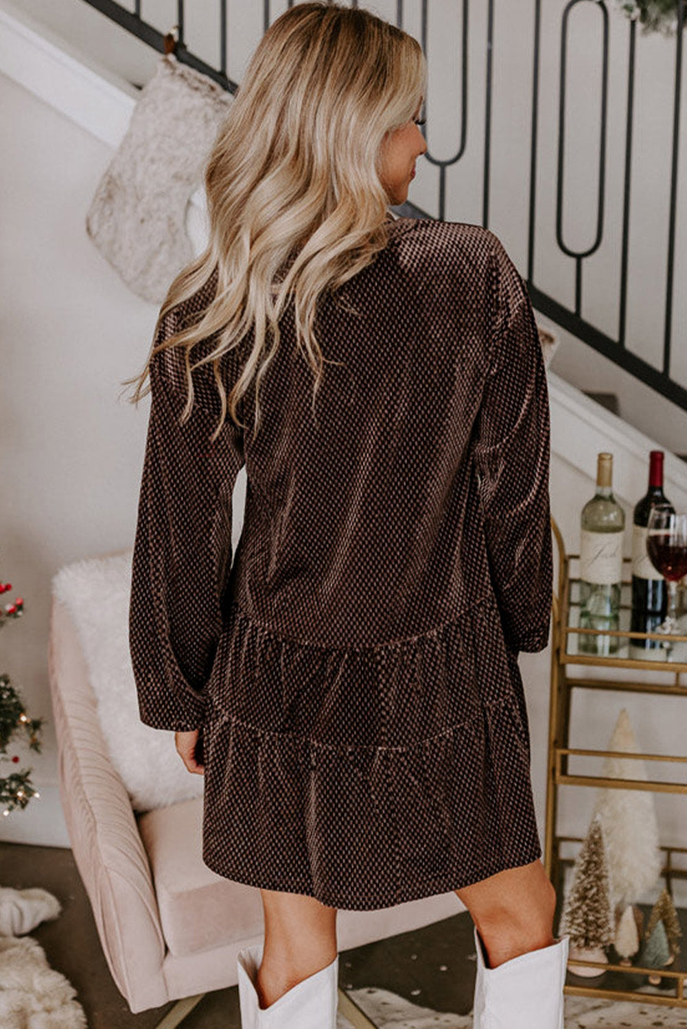 Dark Brown Textured Velvet V Neck Shift Dress Dear-Lover Dropshipping