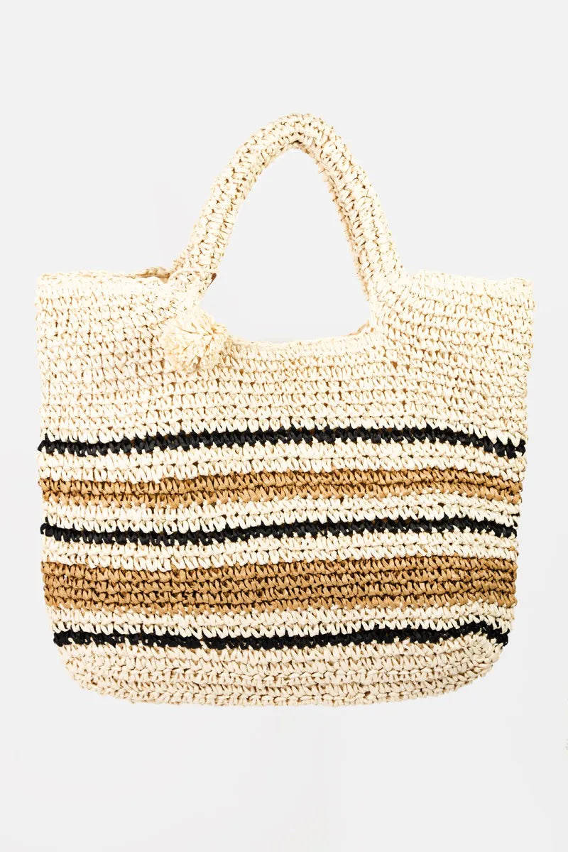 BEACH Striped Straw Braided Tote Bag.