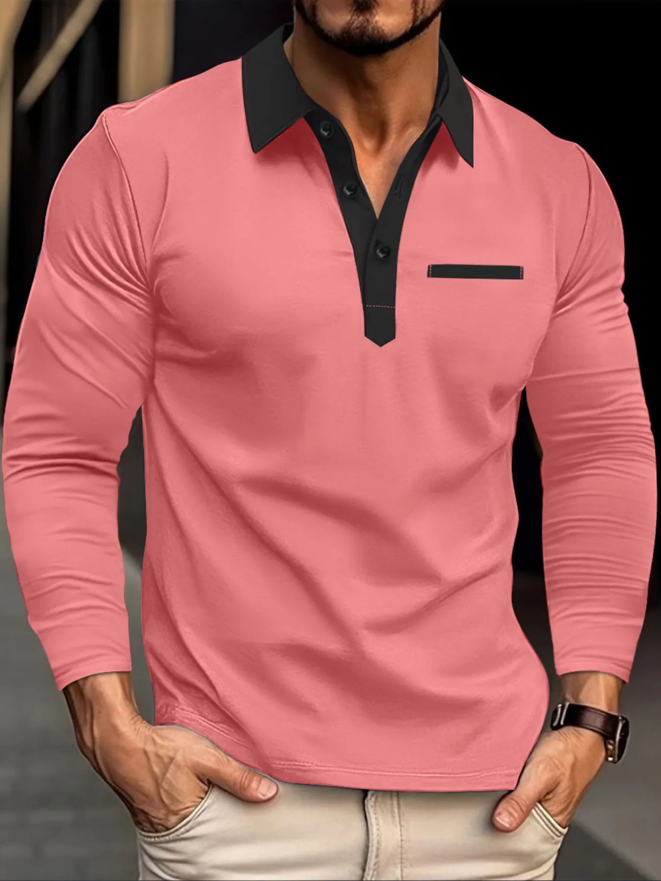 Men's Full Size Long Sleeve Contrast Collar Polo Shirt Plus Size.