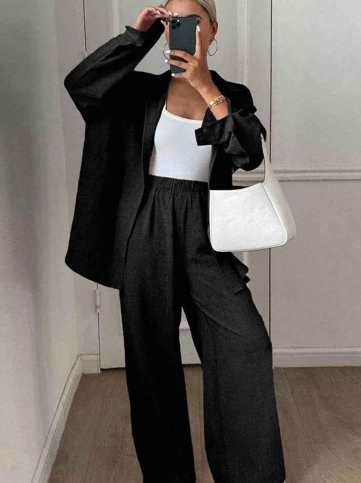 Womens Solid-Color Casual Loose Cotton-Linen Long-Sleeve Shirt And Pants Set