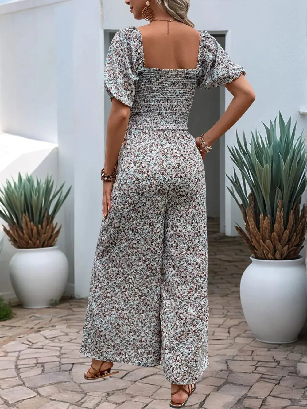 Perfee Ditsy Floral Smocked Square Neck Puff Sleeve Jumpsuit.