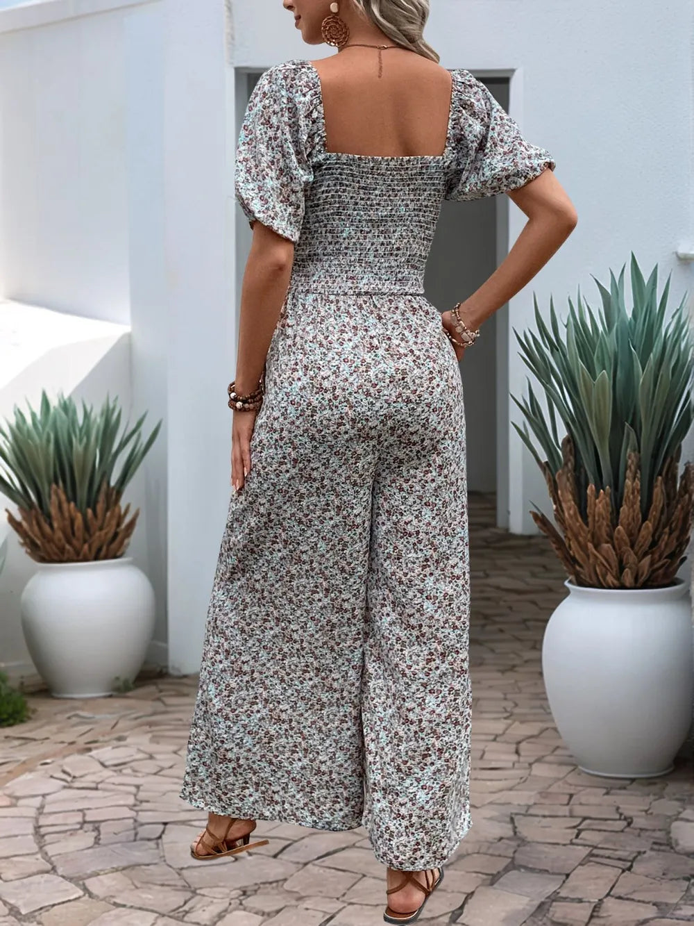 Perfee Ditsy Floral Smocked Square Neck Puff Sleeve Jumpsuit - CHIC TB