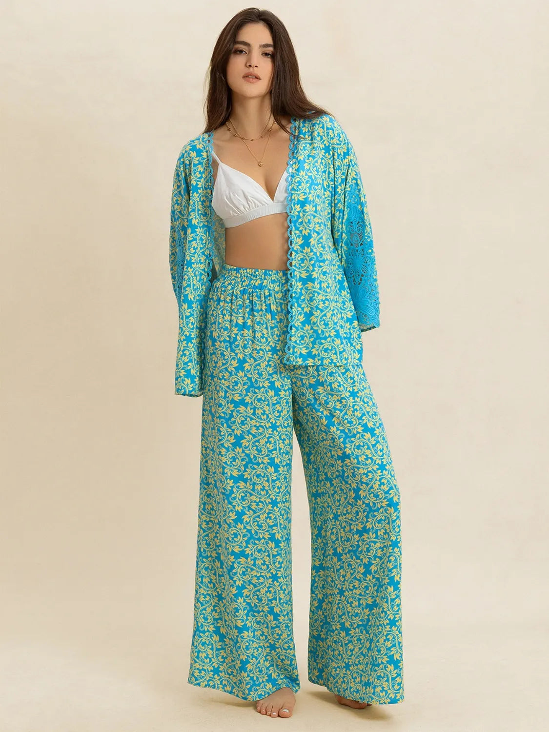 Open Front Printed Top and Pants Set - CHIC TB