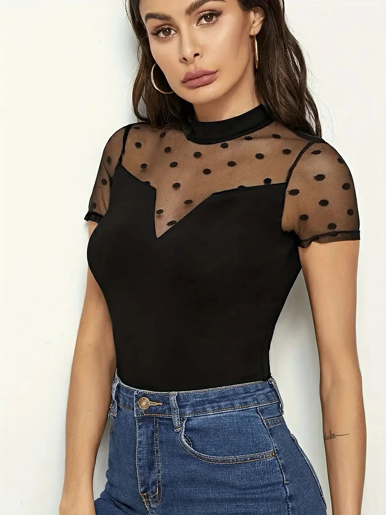 Mesh Polka Dot Mock Neck Top.