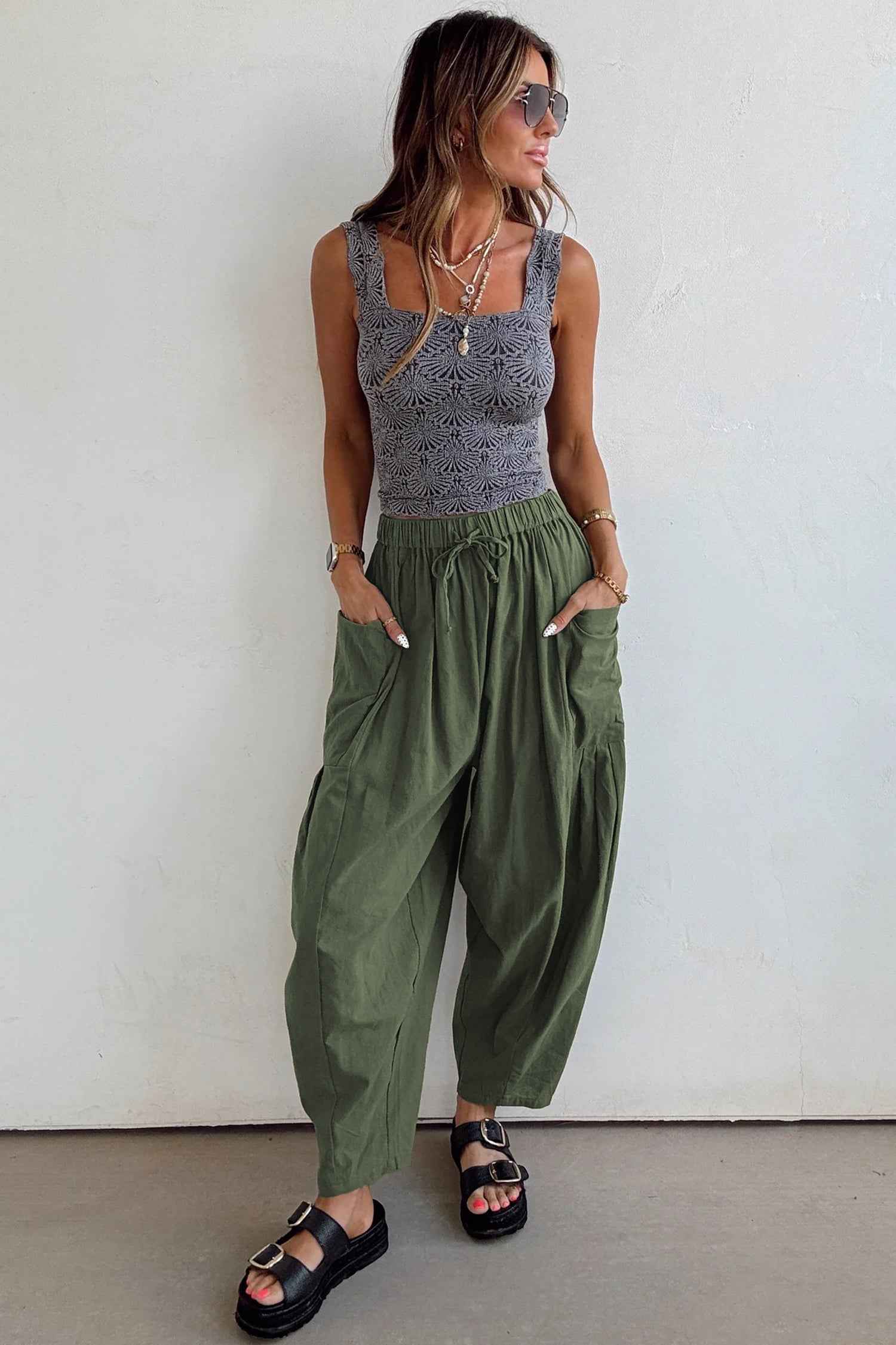 Jungle Green Drawstring Elastic Waist Patch Pocket Barrel Leg Casual Pants