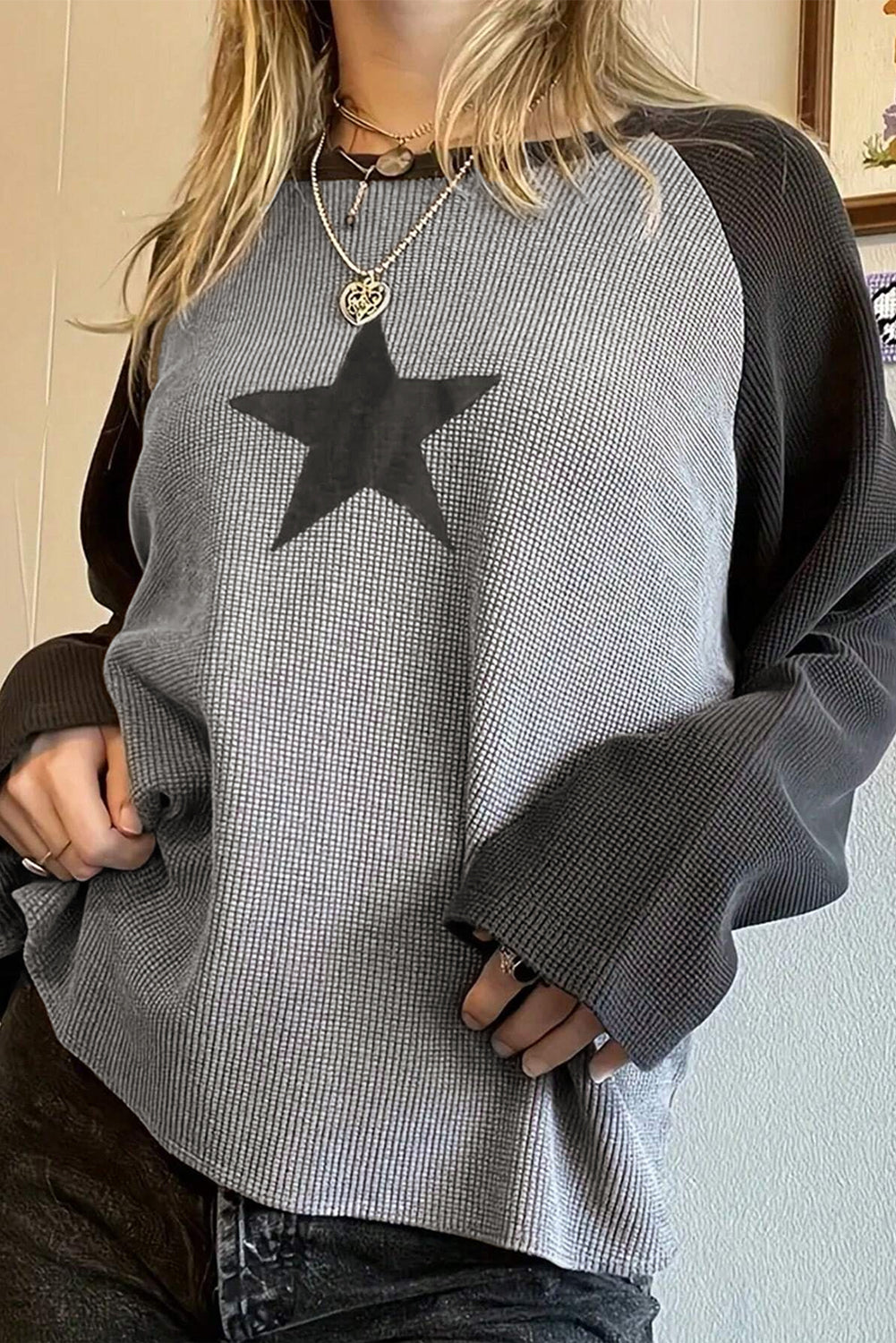 High Waffle Knit Colorblock Star Patch Graphic Raglan Top Dear-Lover Dropshipping