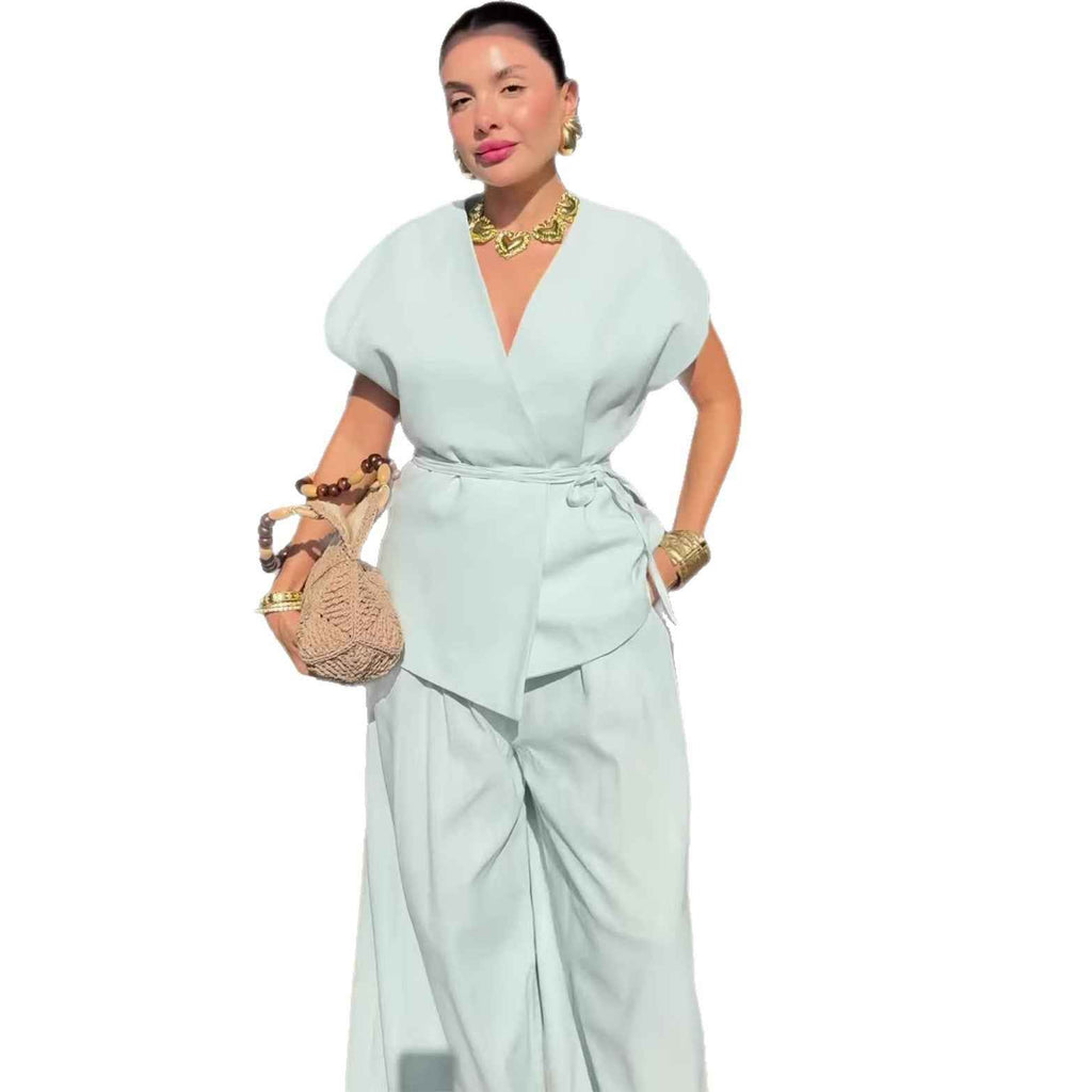 V-neck Set Fashion Sexy New Design Summer Casual Short Sleeve Long Pants