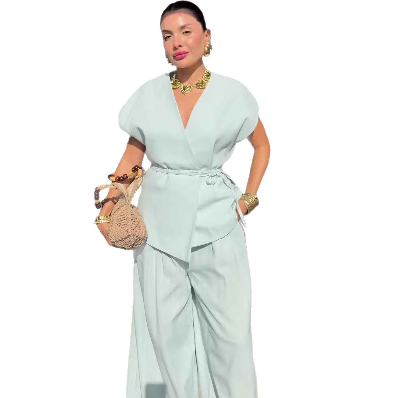 V-neck Set Fashion Sexy New Design Summer Casual Short Sleeve Long Pants