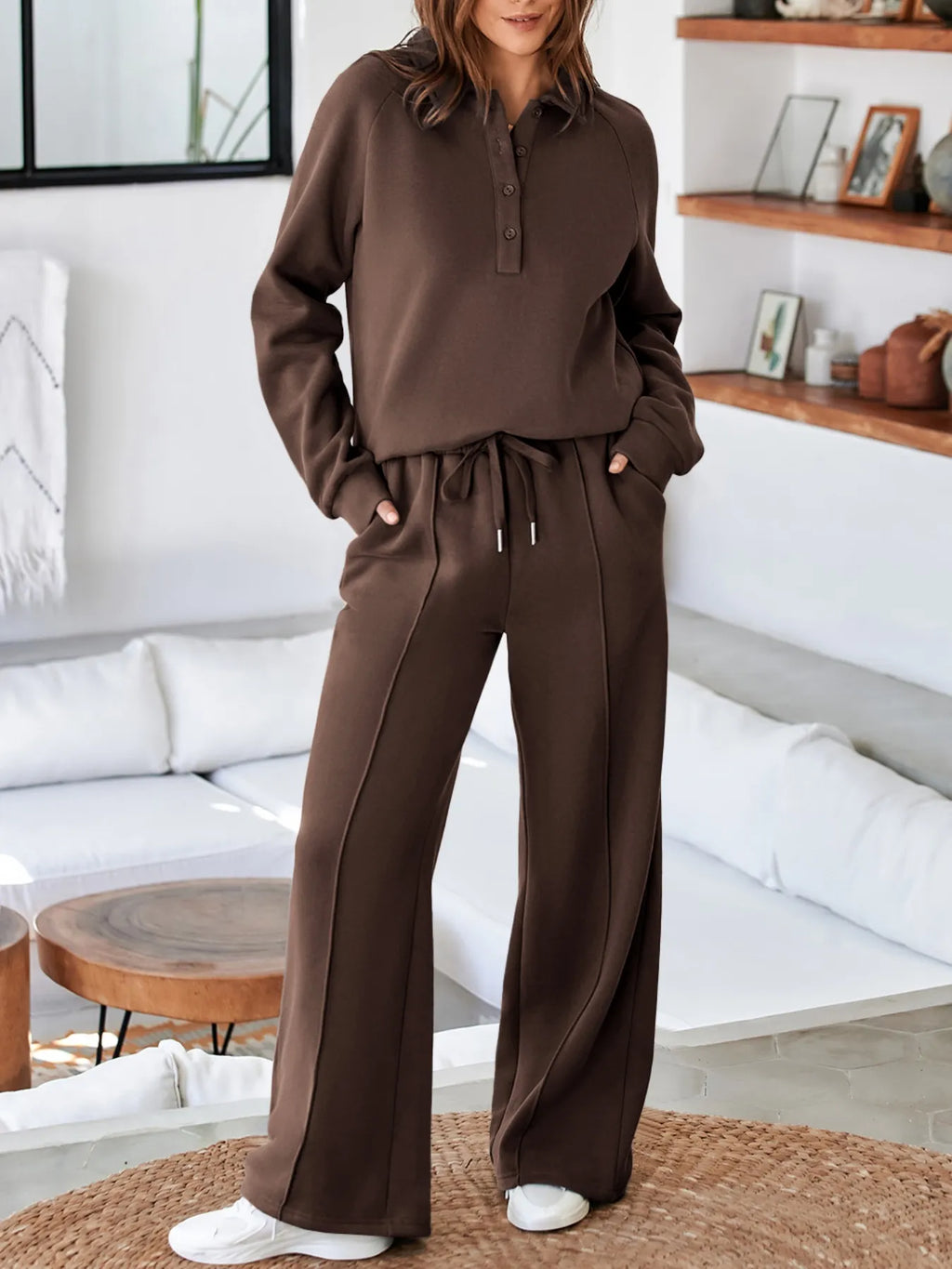 Collared Sweatshirt and High Waist Pants Active Set.