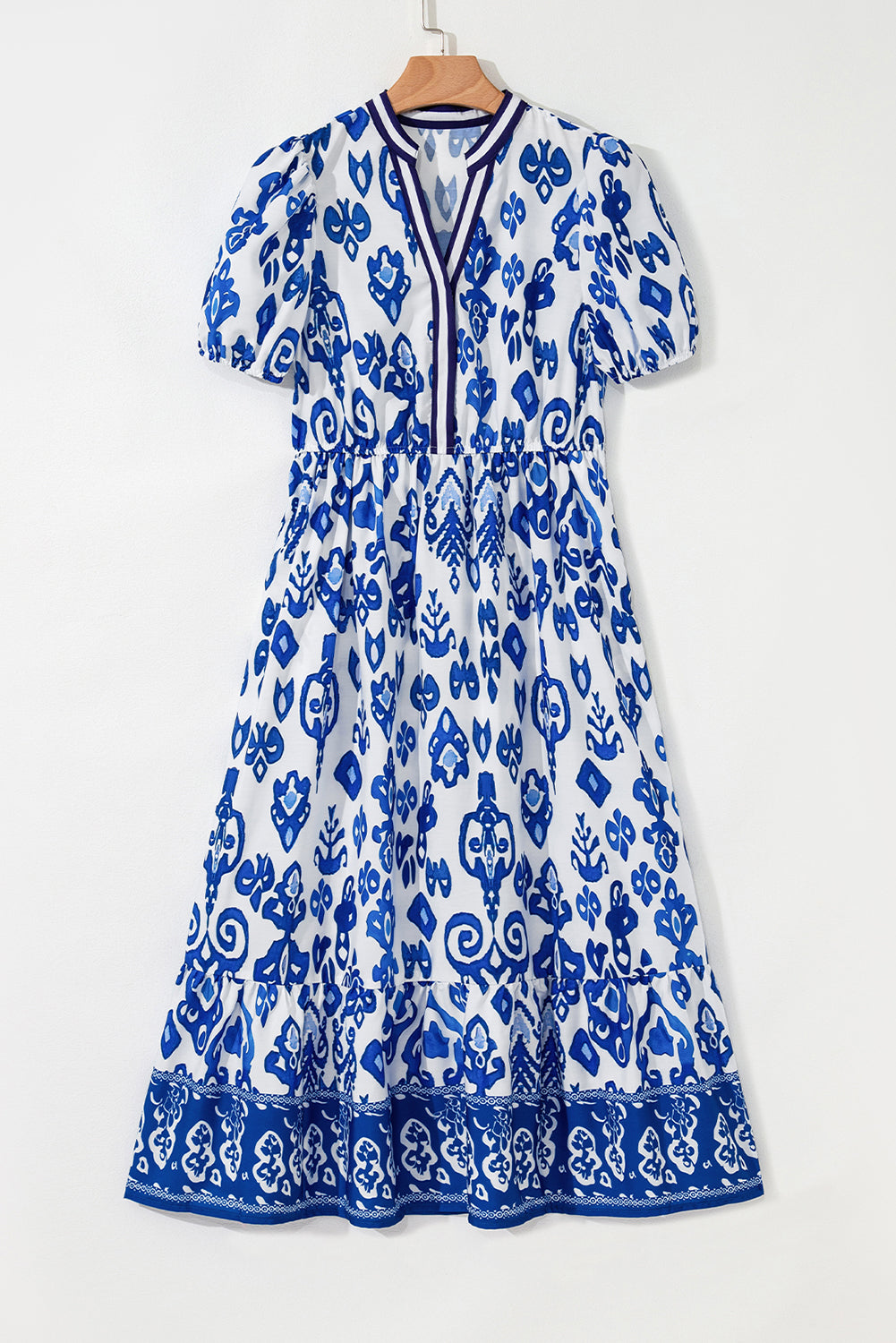 Blue Floral Puff Short Sleeve V Neck High Waist Maxi Dress Dear-Lover Dropshipping