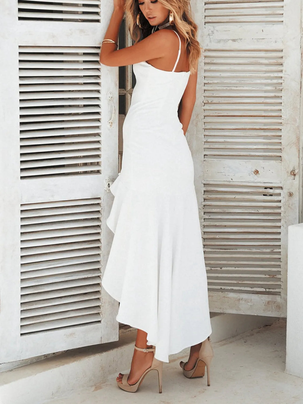 High-Low Ruffled Hem Midi Cami Dress.