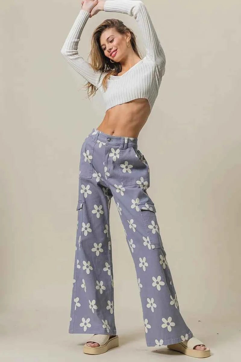 BiBi Flower Printed Side Pocket Wide Pants