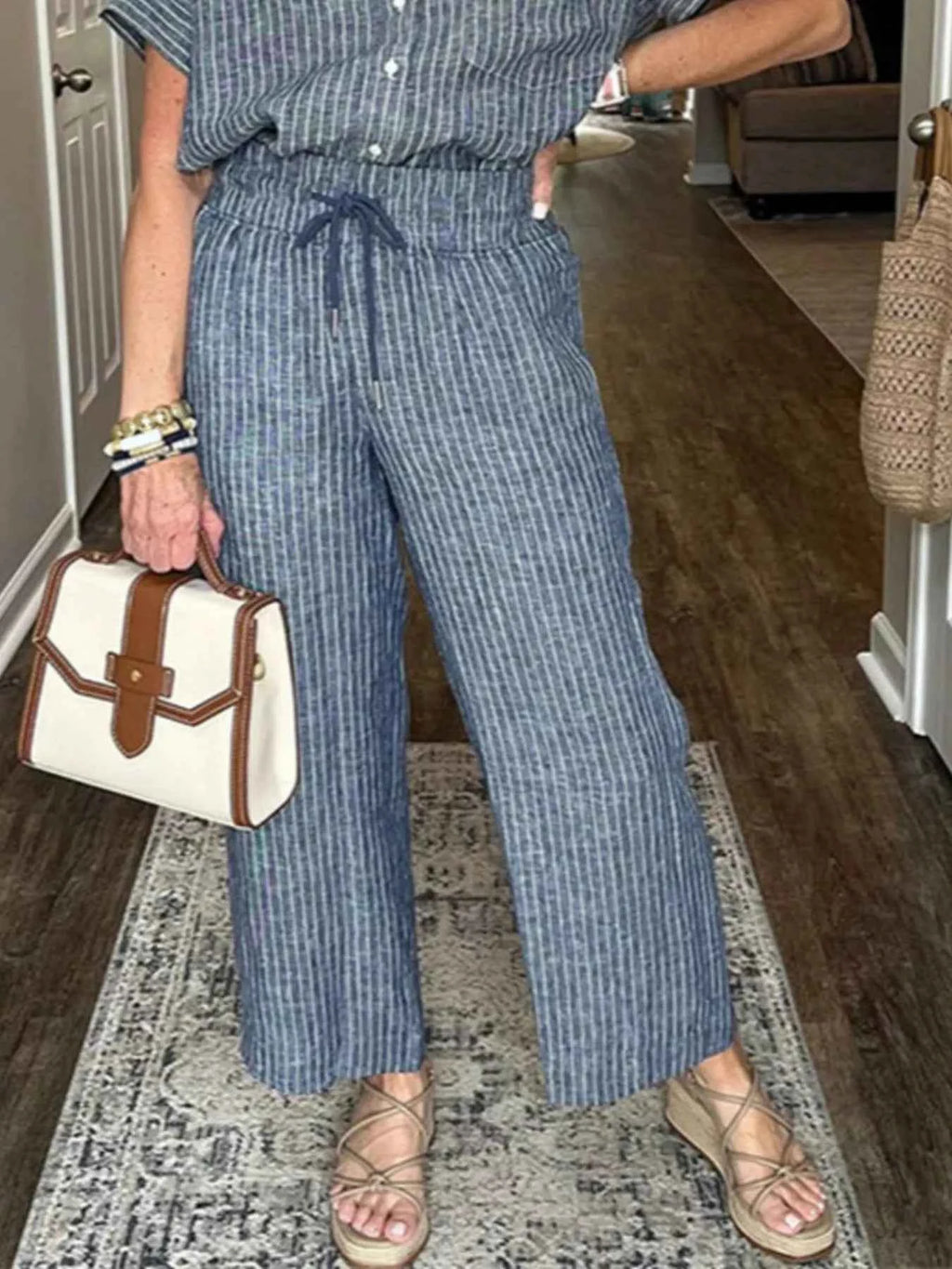 Full Size Striped Button-Up Shirt and Wide Leg Pants Casual Set Plus Size.