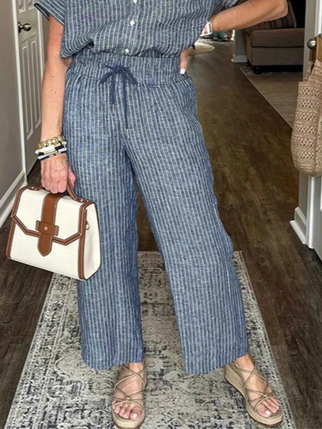Full Size Striped Button-Up Shirt and Wide Leg Pants Casual Set Plus Size.