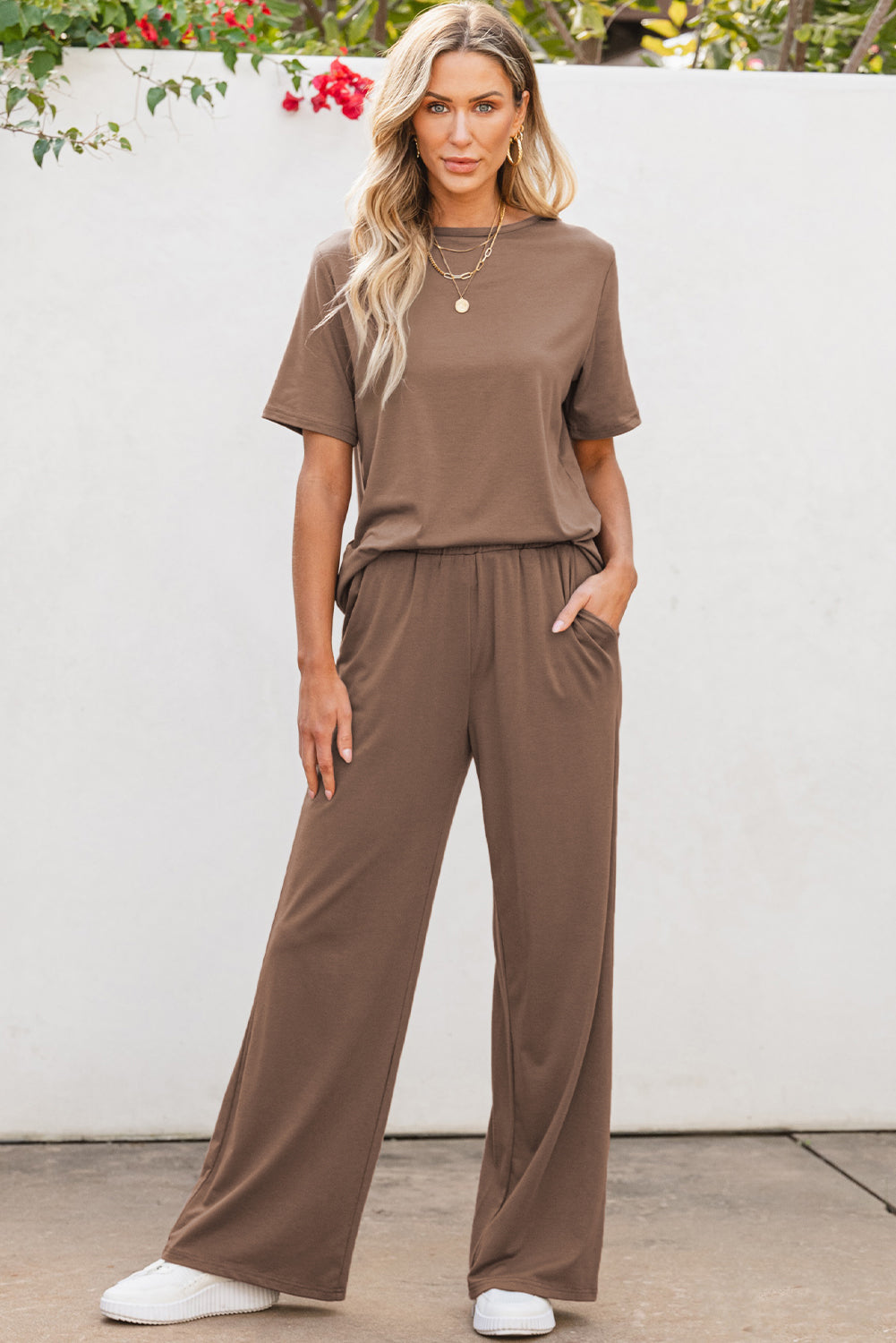 Smoke Gray Solid Color T Shirt 2pcs Wide Leg Pants Set Dear-Lover Dropshipping