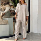 Cotton Linen Long Sleeve Irregular Hem Loose Fit Women's Two-Piece Set Top &amp; Wide-Leg Pants eprolo