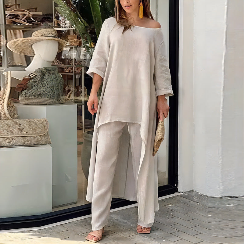 Cotton Linen Long Sleeve Irregular Hem Loose Fit Women's Two-Piece Set Top &amp; Wide-Leg Pants