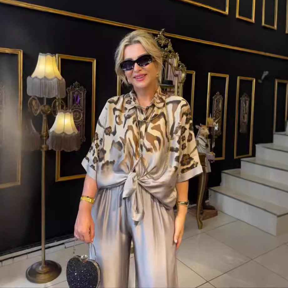 Irregular printed top split pants temperament two-piece set