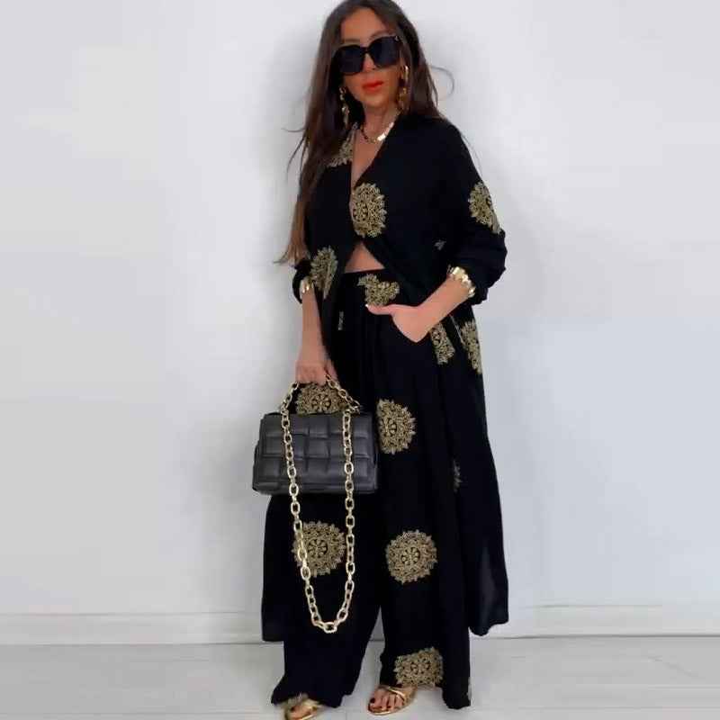 Elegant and sexy V-neck top+printed wide leg pants two-piece set