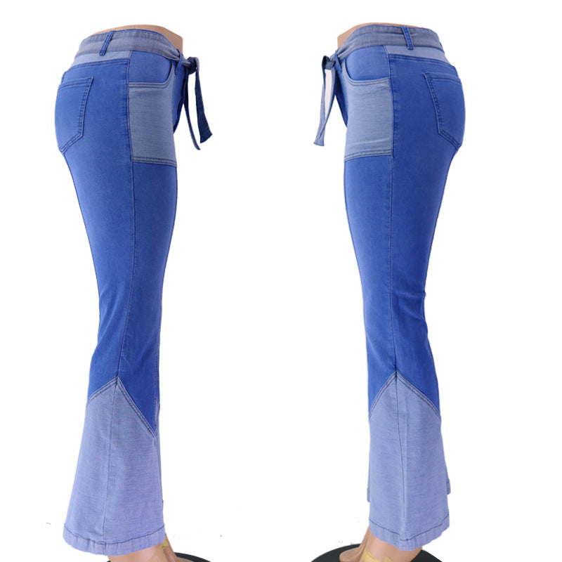 Retro high waisted two-color spliced waistband, high-quality European and American women's denim flared pants