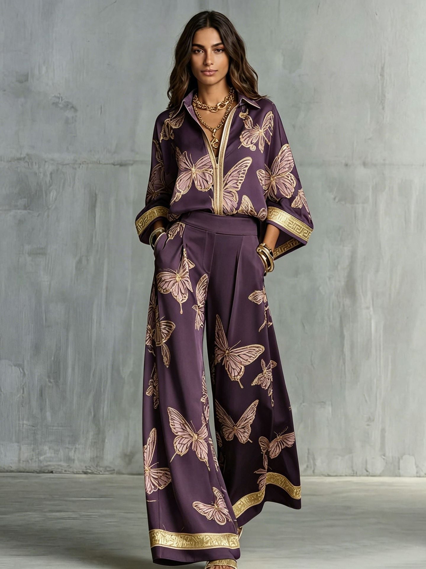 Style Women's Retro Printed Sexy Deep V Neck Loose Zipper Top with Wide Leg Pants Two-Piece Set eprolo