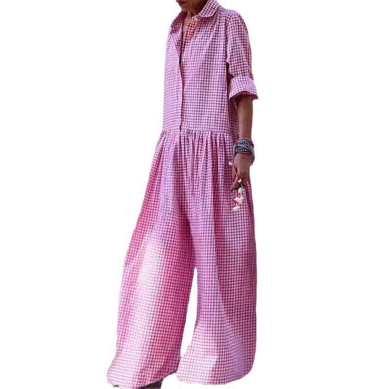 Fashion  Style Plaid Shirt Collar Long Sleeve Jumpsuit