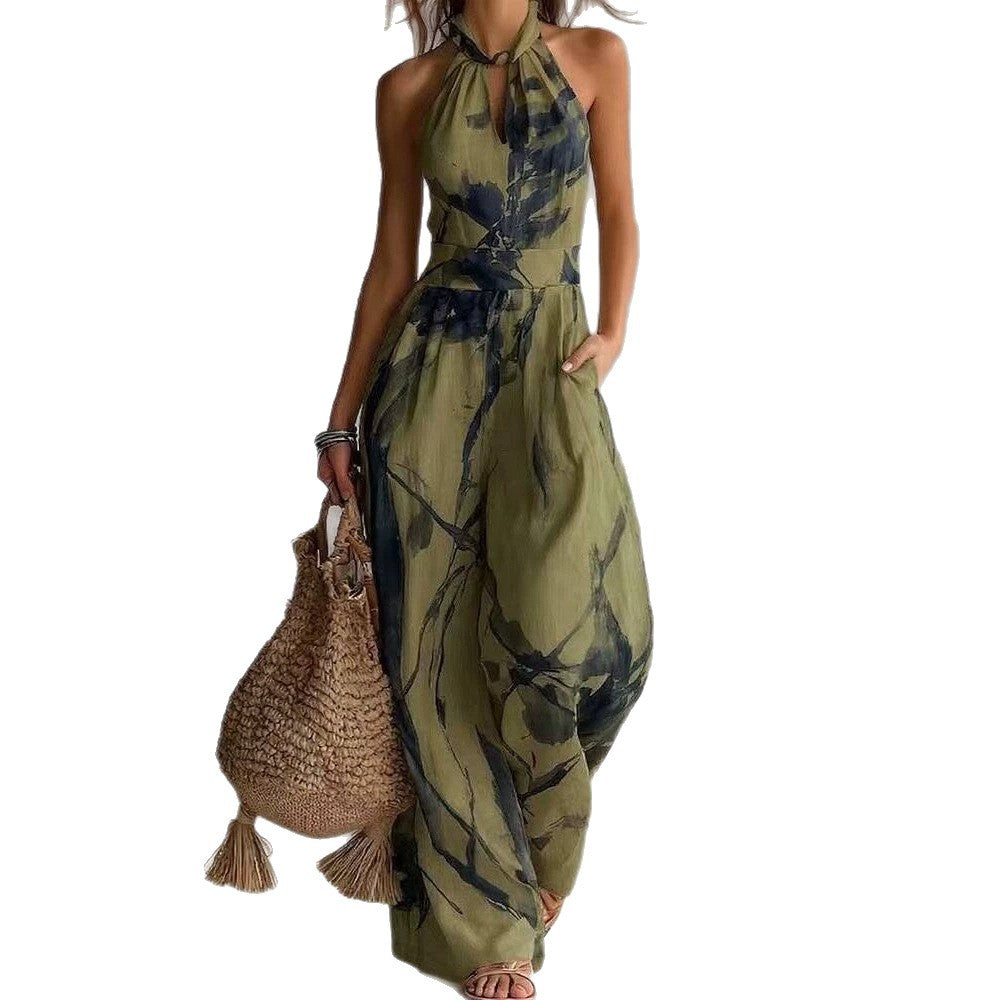 New halter backless jumpsuit, blue and white tie-dye wide-leg pants, summer beach women's wear