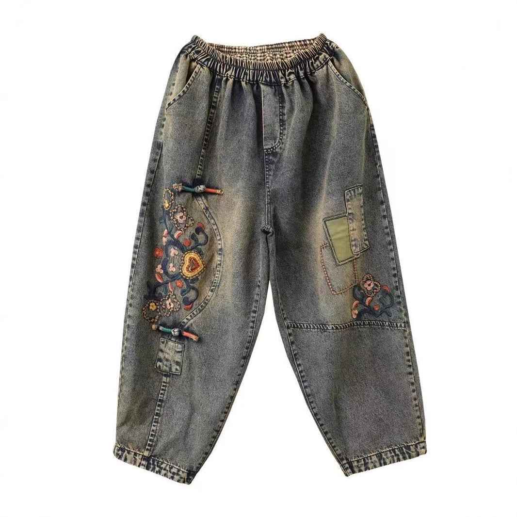 Vintage Ethnic Style Colorful Button Embroidered Denim Pants Women Loose Plus Size Floral Embroidery Nine-Point Harem Pants Spring