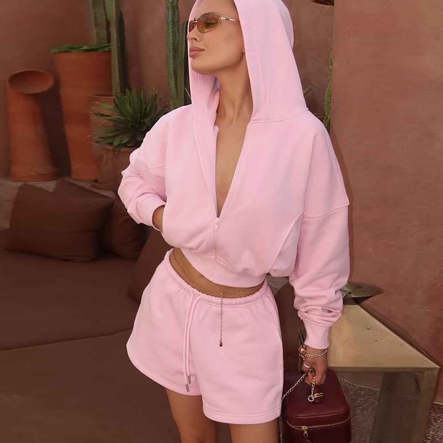 Hoodie Two-Piece Set with Waist-Cinching Crop Hooded Jacket and Drawstring Loose Shorts