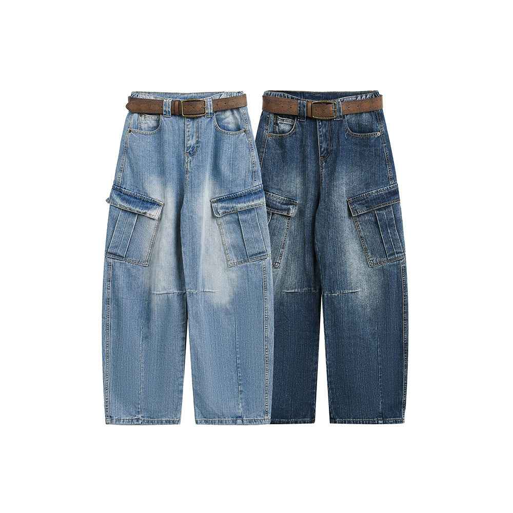 Multi-Pocket Loose Straight Leg Wide Leg Washed Cargo Denim Pants