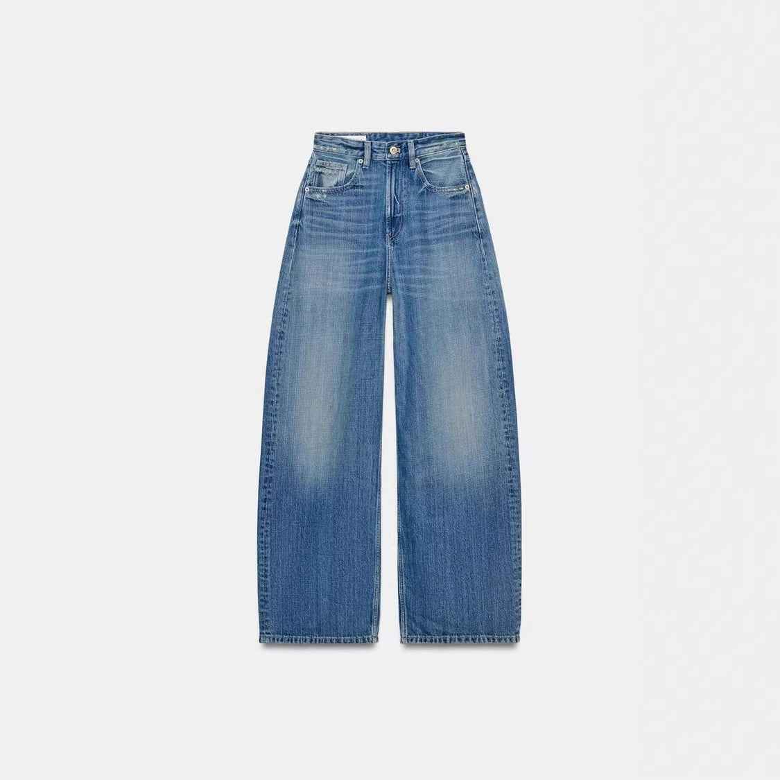 Casual Loose Straight Leg Washed Denim Pants with Leather Splicing for Women  Trendy Oversized Floor-Length Trousers