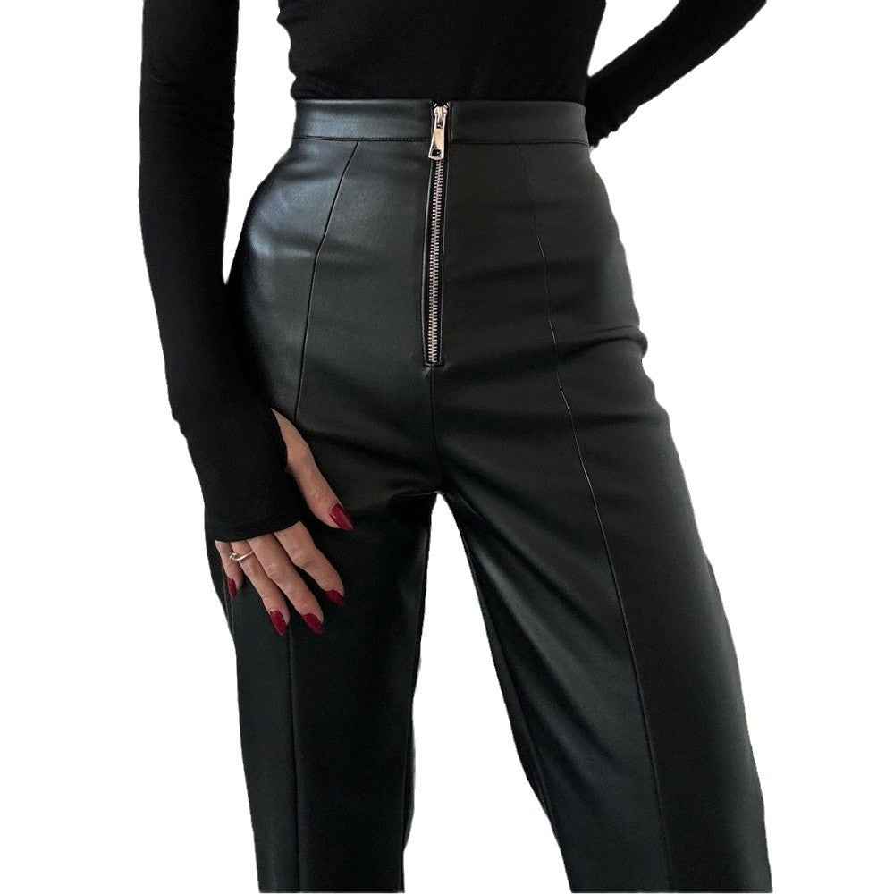 Casual straight leg PU wide leg leather pants