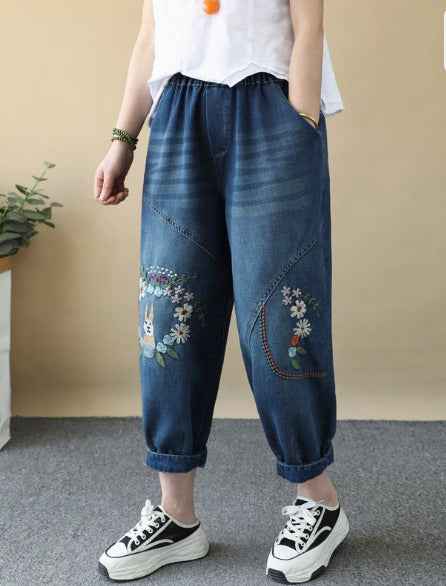 Vintage Cartoon Rabbit Embroidered Denim Pants Women Loose Plus Size Floral Embroidery Nine-Point Calf-Length Wide-Leg Trousers Thin Style