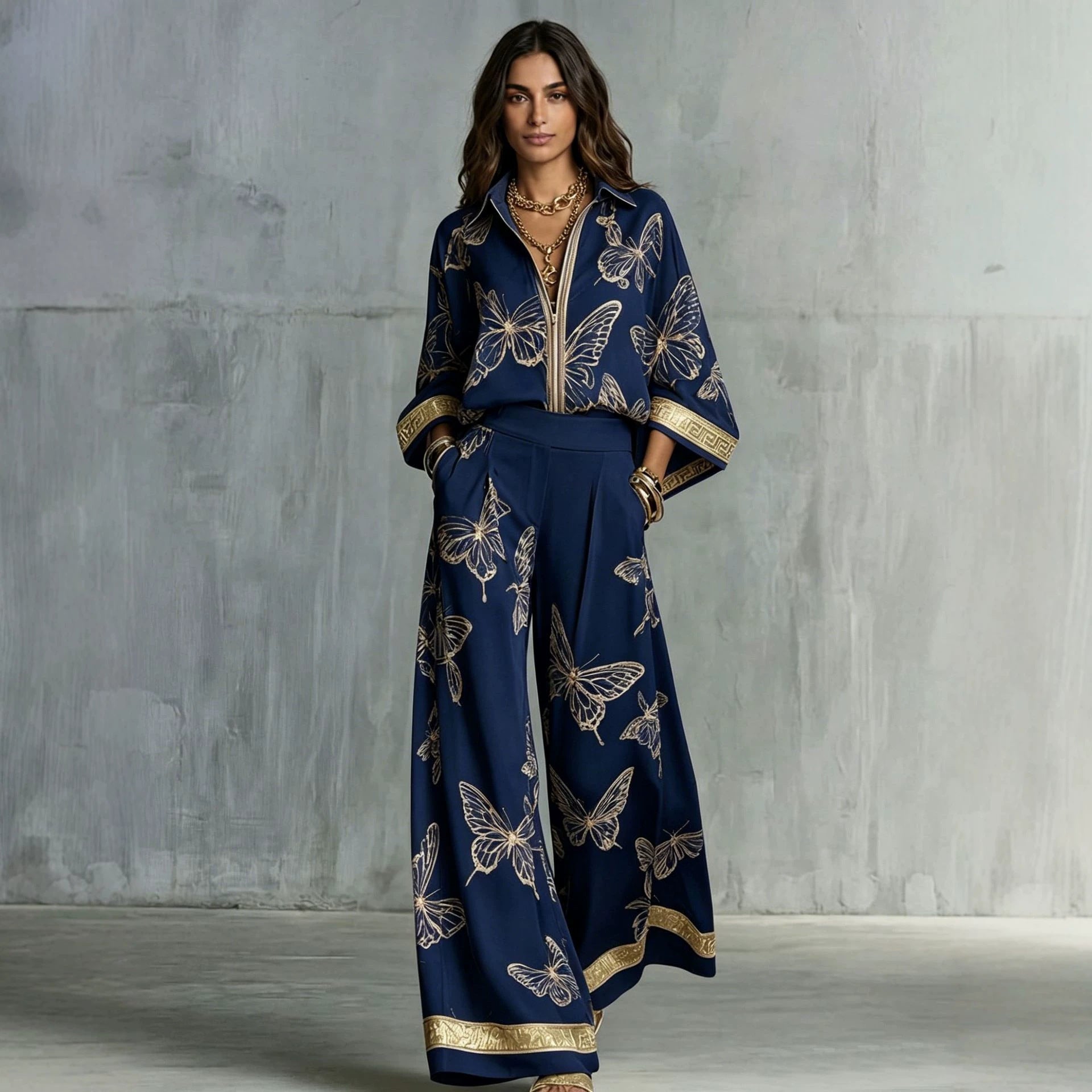 Style Women's Retro Printed Sexy Deep V Neck Loose Zipper Top with Wide Leg Pants Two-Piece Set eprolo