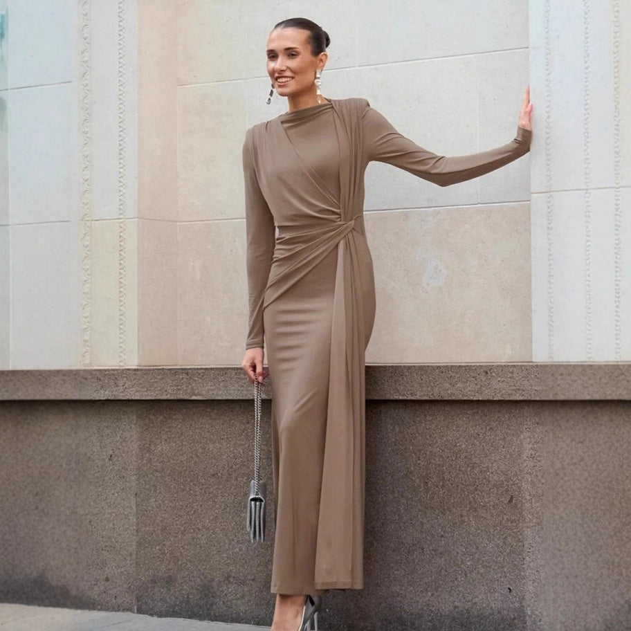 Cross-border Brown Round Neck Knitted Dress Women Design Sense Base Skirt Fitted Long Dress Women's Wear eprolo