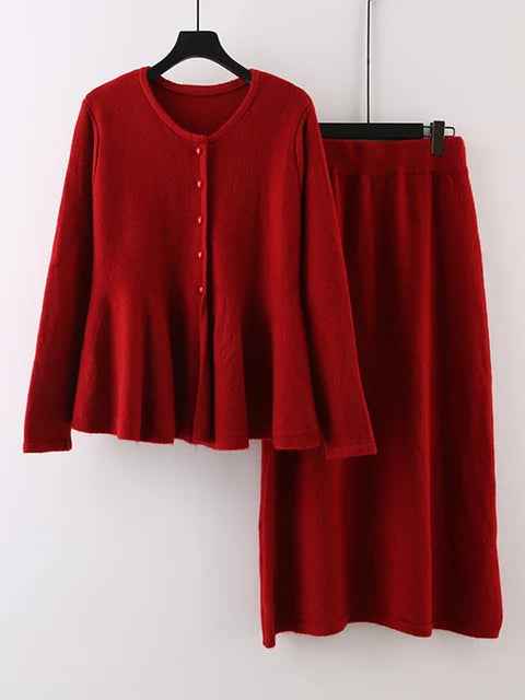 Popular Salt Series Light Mature High Grade Red Fragrant Knitted Shirt with Skirt Two Piece Set