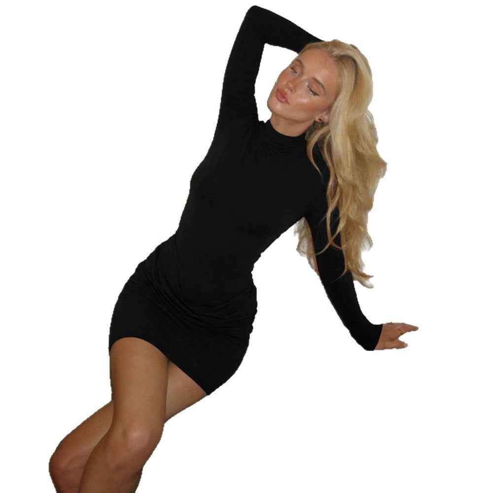 Stand up collar long sleeved pleated slim fit short dress