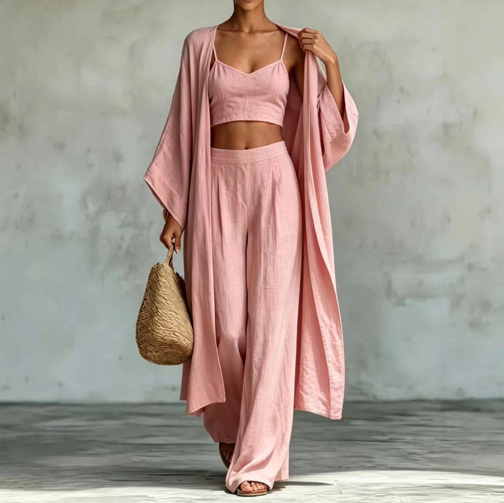 Loose cardigan short strap high waist wide leg pants set eprolo