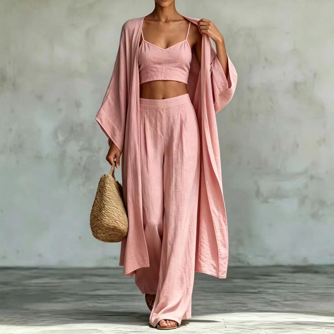 Loose cardigan short strap high waist wide leg pants set eprolo