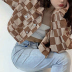 Women's Vintage Plaid Print Short Denim Jacket — Korean Style Loose Fit