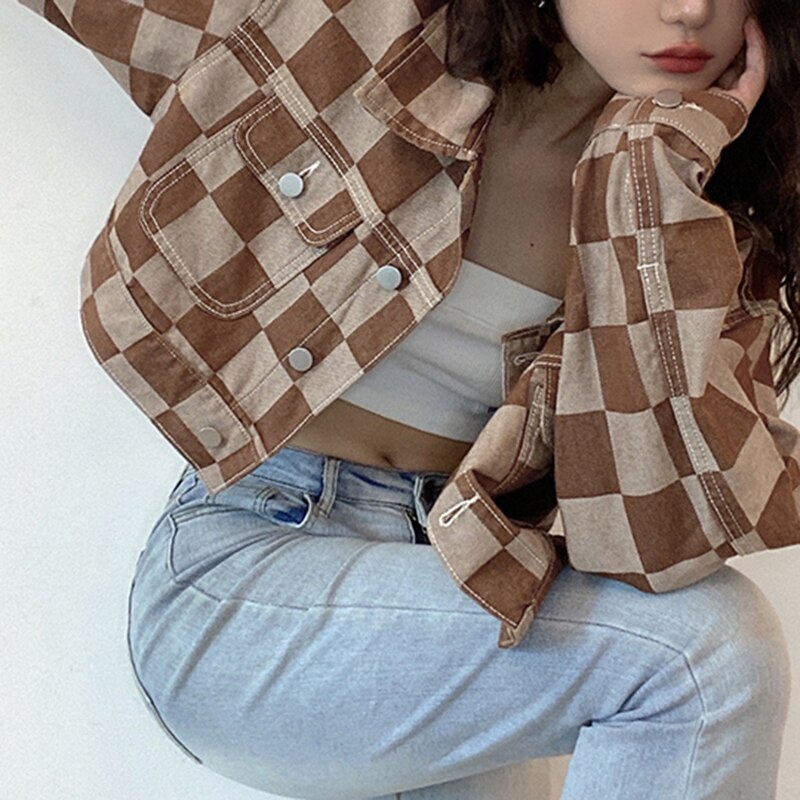 Vintage Brown Plaid Print Short Denim Jacket Women Korean Style Button Loose Jeans Coat Autumn Harajuku Outerwear 90s Iamhotty eprolo