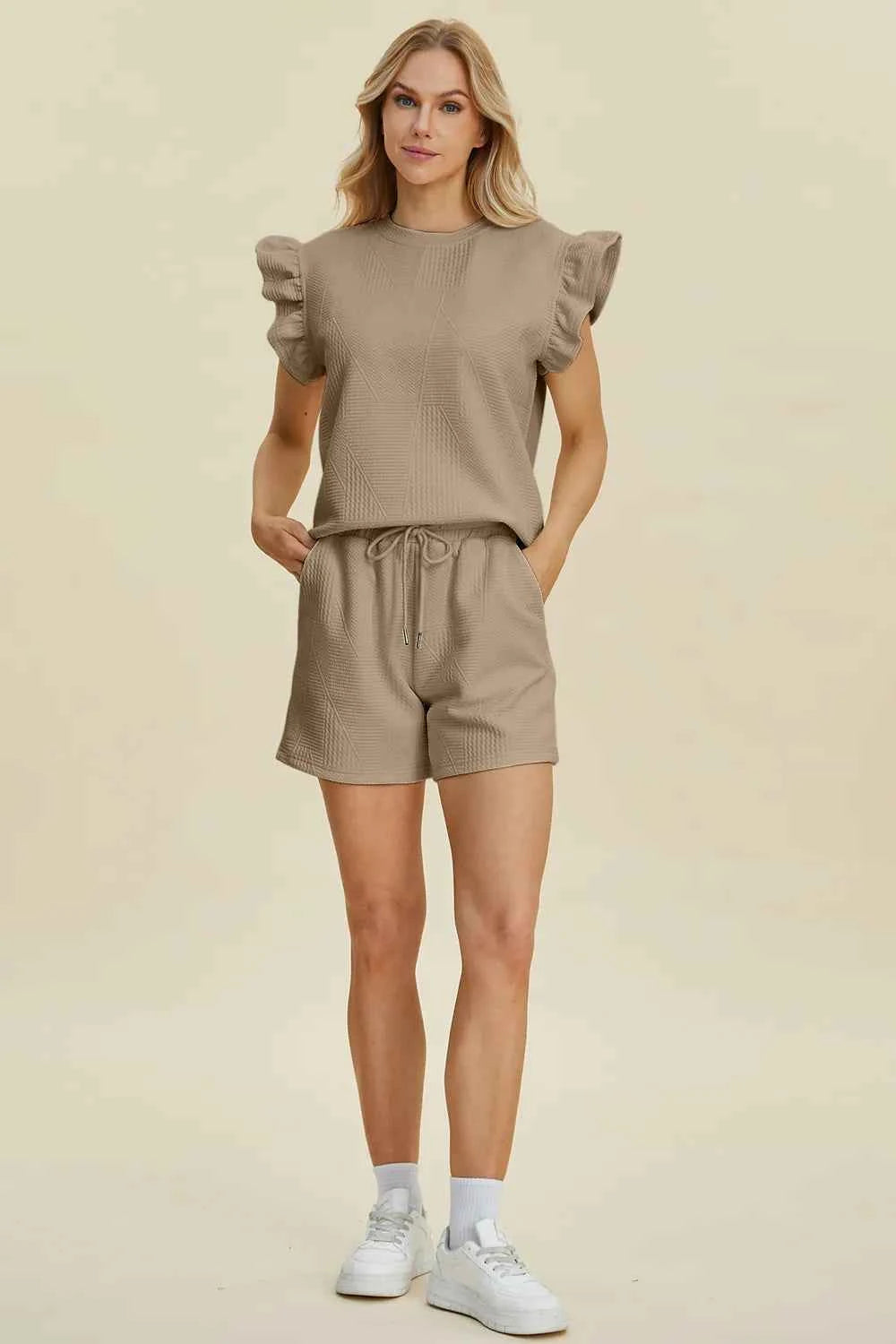 Round Neck Ruffle Sleeve Top and Shorts Set
