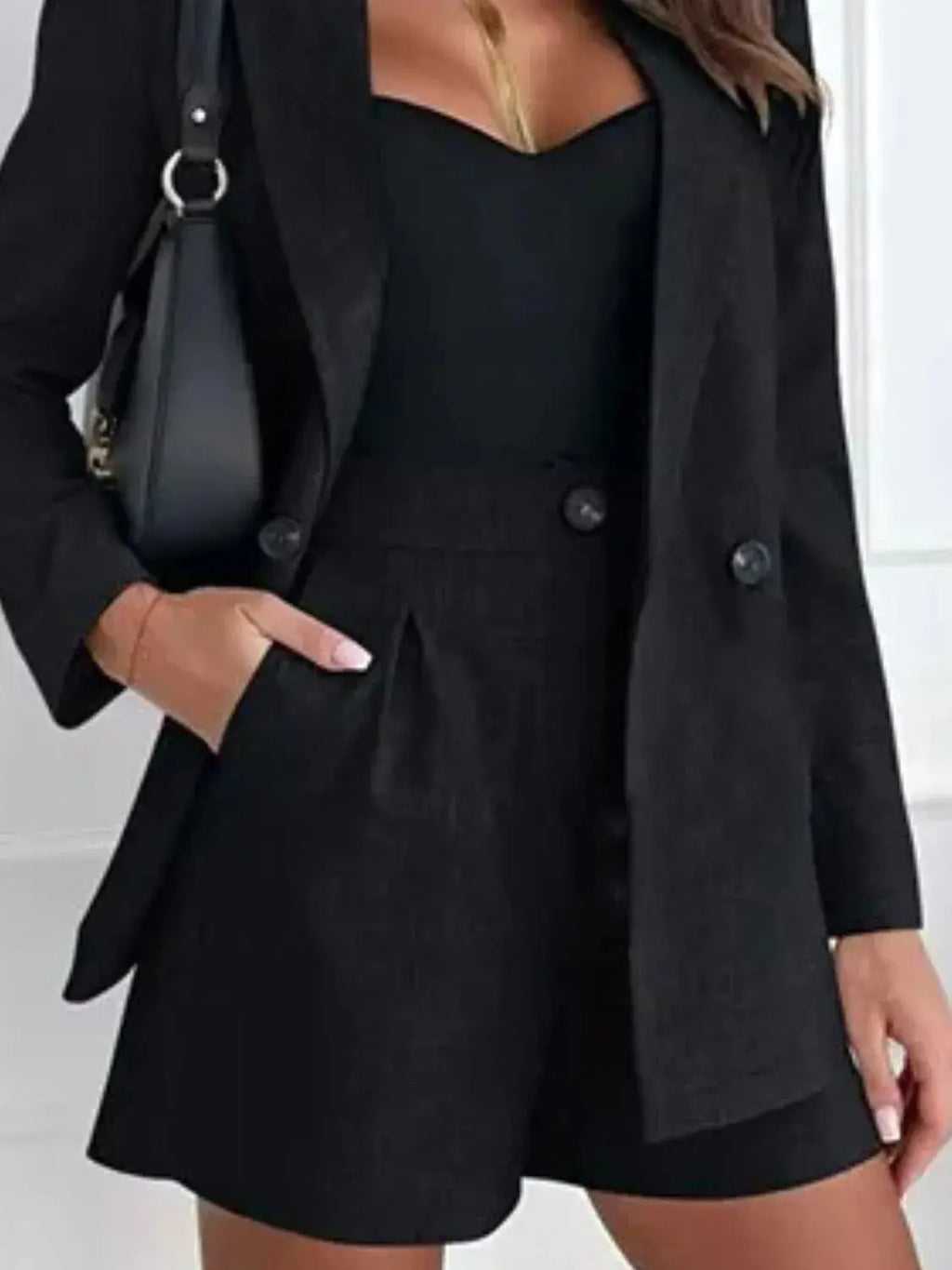 One Button Lapel Collar Blazer and Shorts Set WOMEN - CHIC TB