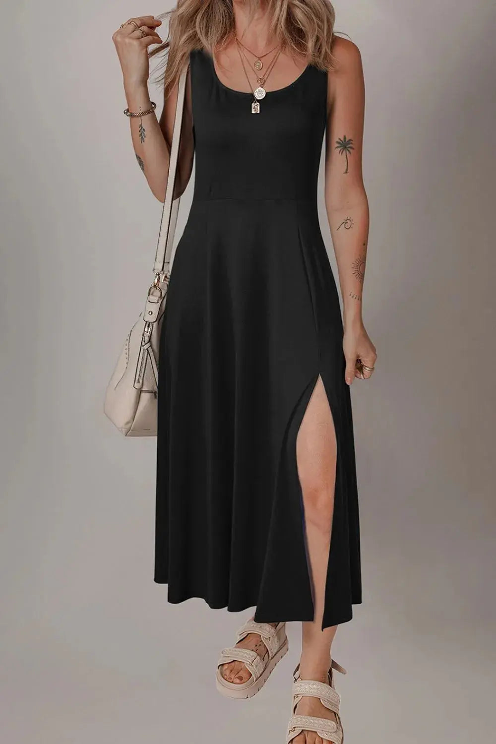 Side Slit Scoop Neck Wide Strap Dress.
