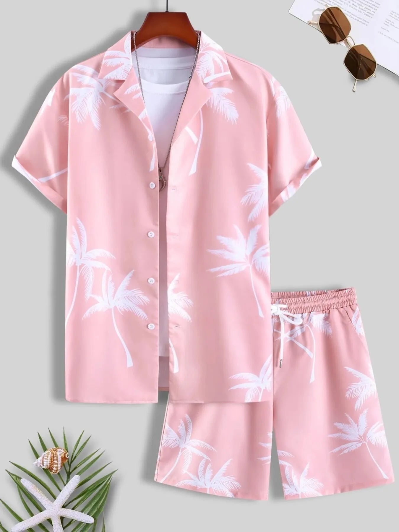 Men's Full Size Palm Print Button Up Shirt and Shorts Set Plus Size.