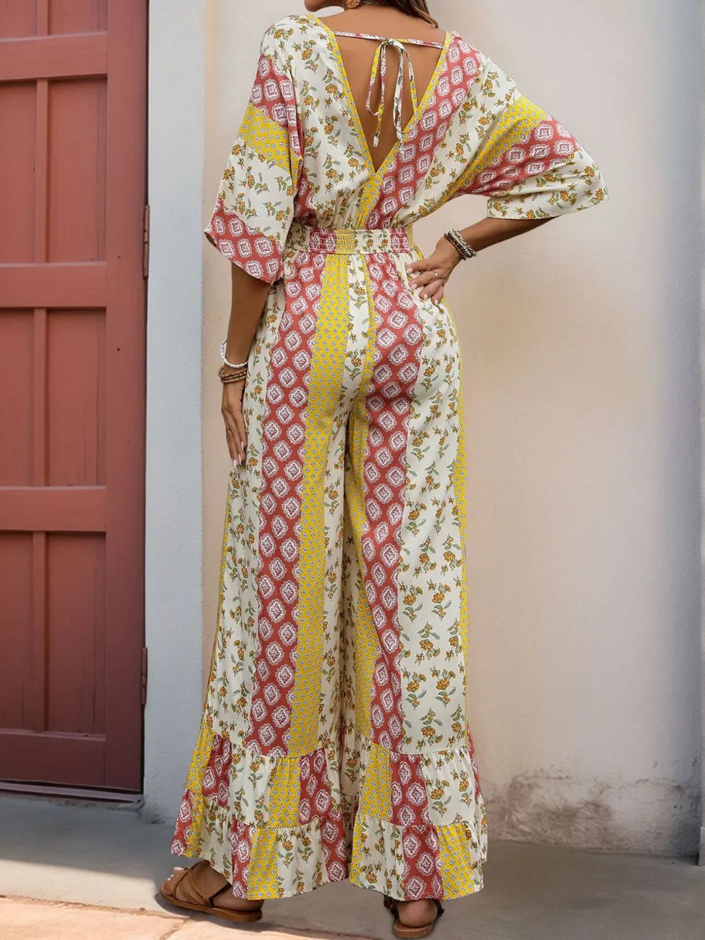 Perfee Ruffled Hem Printed V-Neck Jumpsuit - CHIC TB