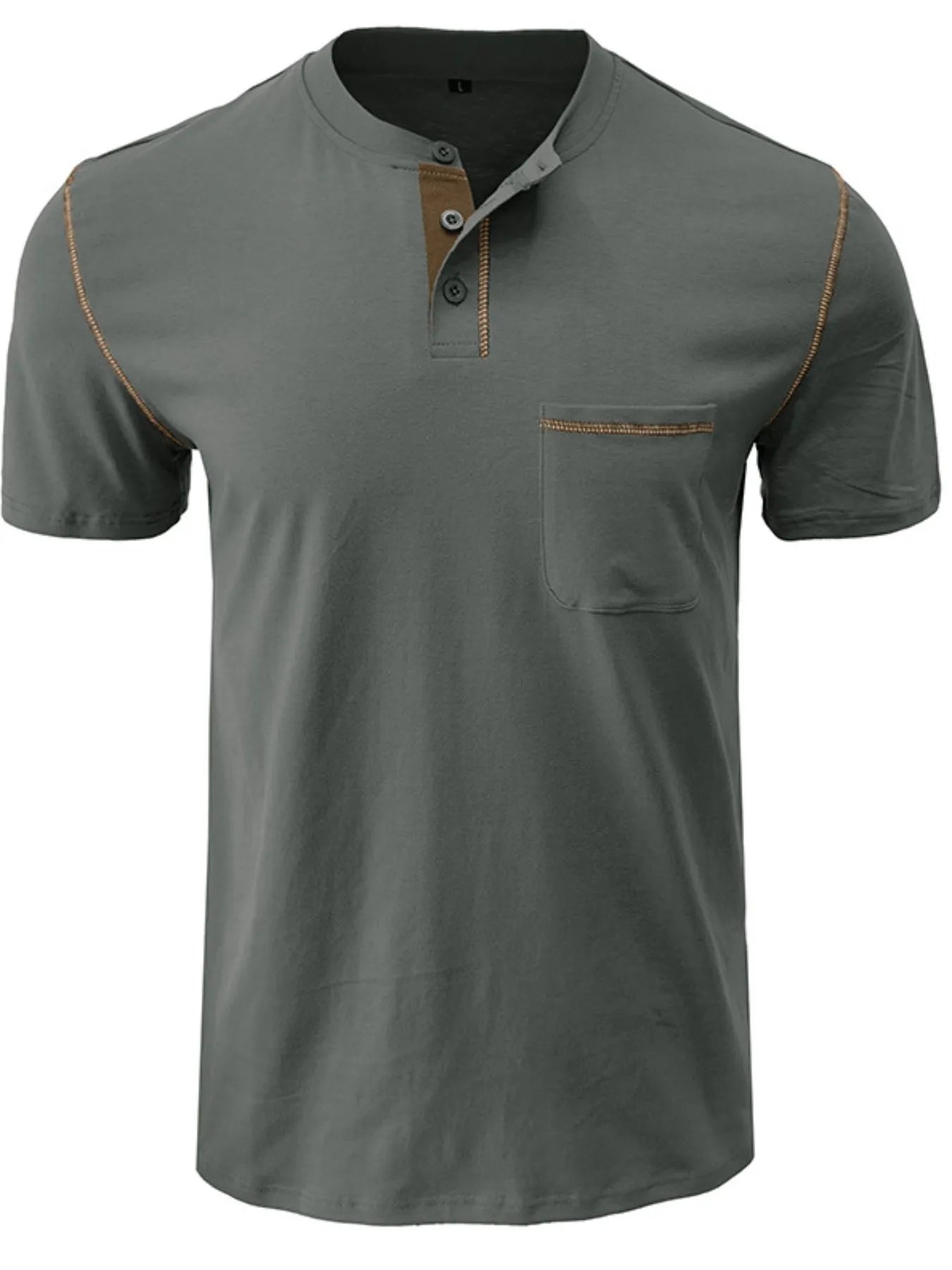 Men's Full Size Casual Henley T-Shirt with Contrast Stitching and Pocket Plus Size.