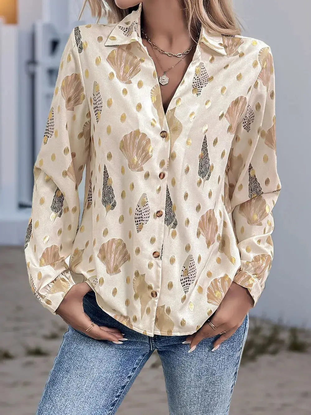 Perfee Printed Collared Neck Long Sleeve Shirt.