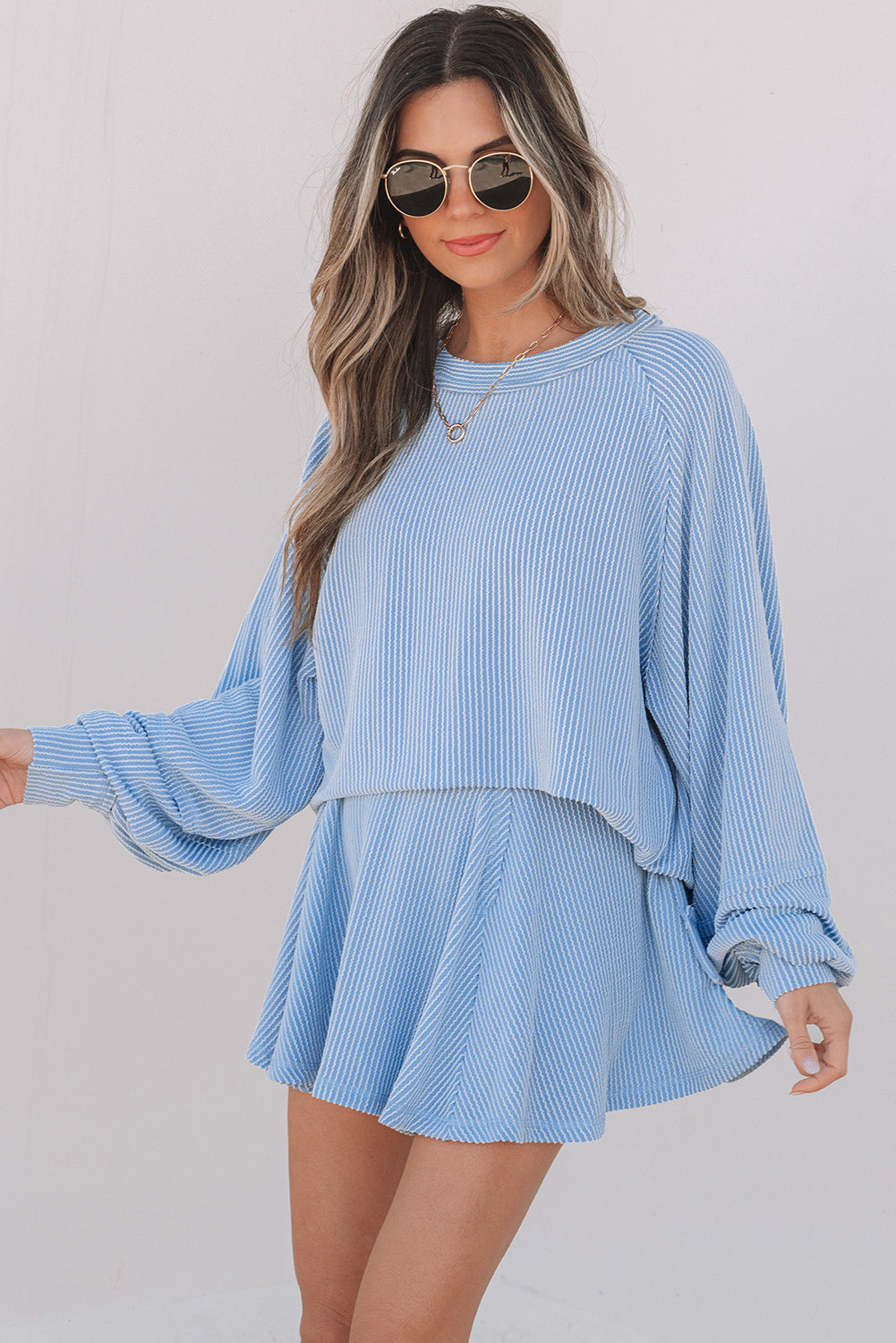 Sky Blue Corded Lantern Sleeve Top High Waist Ruffled Mini Skirt Set Dear-Lover Dropshipping